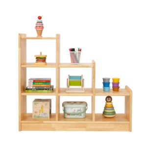 oook rubber wood 6 cube storage organizer, ladder corner shelf with display paltform, 3 tier kids bookshelf and toy storage, kids furniture, natural solid wood.