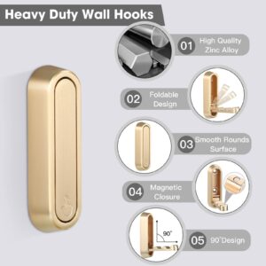 Dntorx Folding Coat Hooks, 2 Pcs Foldable Gold Wall Hooks Heavy Duty Foldable Hook Bathroom Towel Hooks Robe Hooks Wall Mounted for Hanging Coat Towels Clothes Hat Bags Keys