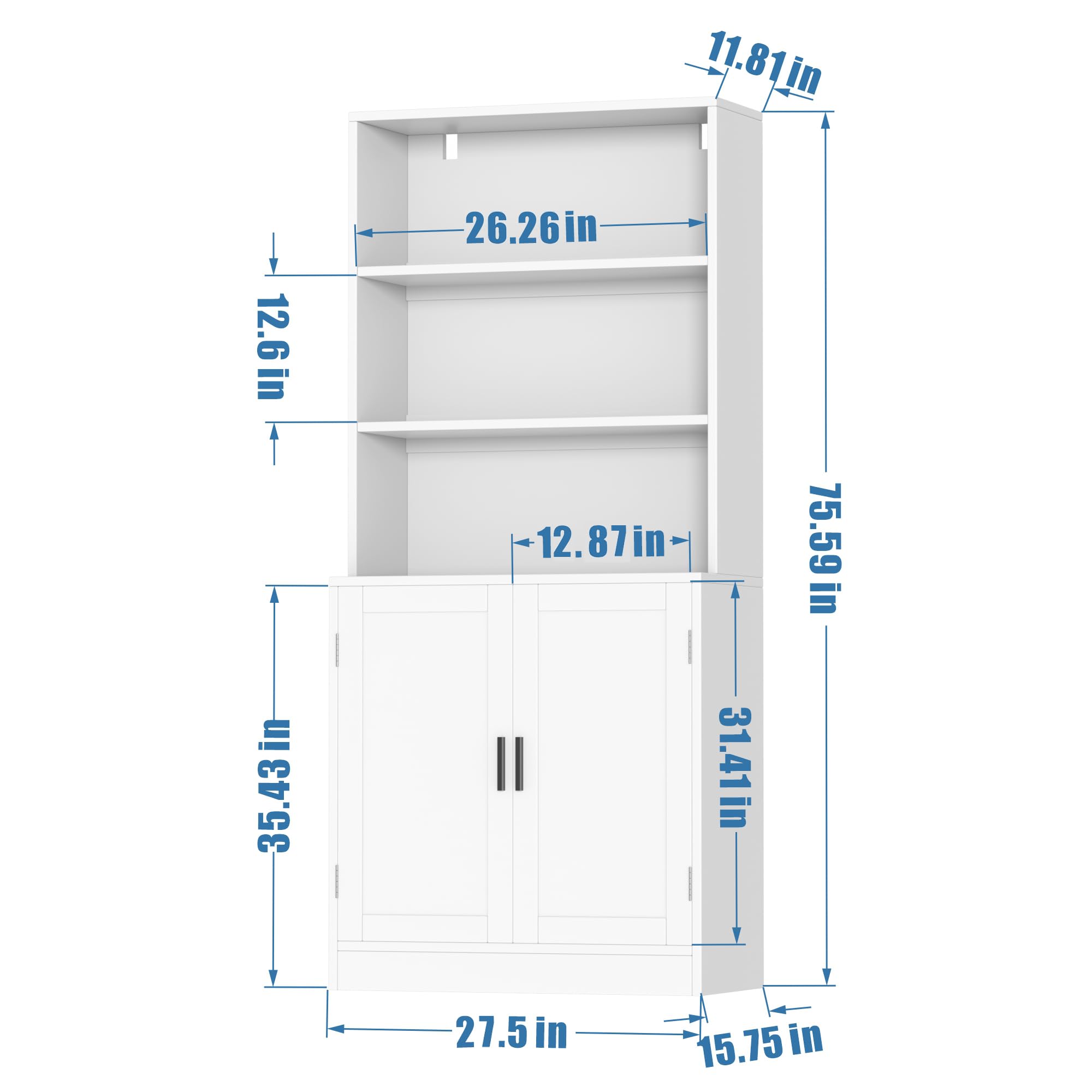 holzart 75" Tall Bookcase with Doors, 5 Tier Large Bookshelf with Cabinet, Standing Wood Display Book Shelf for Living Room, Office, Library with Doors, White