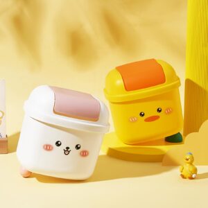 WCHOSOZH Cute Small Trash Can, Mini Desktop Trash Bin, Kawaii Cartoon Animal Shaped Garbage with Flip Lid for Bedroom, Bathroom, Kitchen, Office (Yellow)