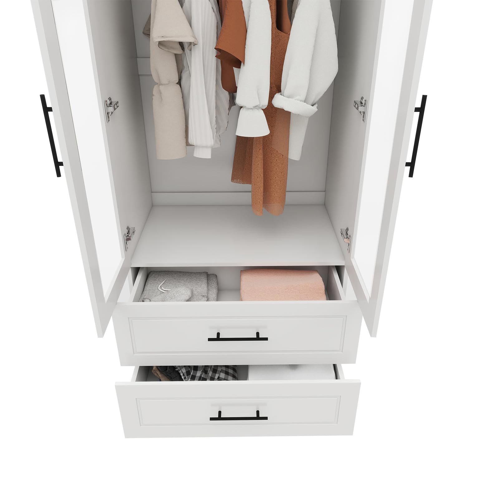 Keloyid Wooden Armoire Wardrobe Closet with Glass Door, Bedroom Armoire Storage Cabinet, 4 Door Modern White Armoire Wardrobe Closet with Hanging Rod for Bedroom