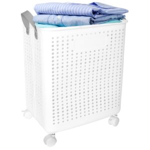 collapsible laundry baskets with wheels,laundry hamper,foldable rolling laundry basket plastic with handles& breathable, 62l(16gallon) white