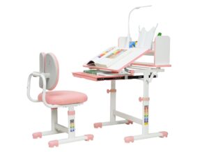 mooitz kids desk and chair set, height-adjustable desk for kids, kid desk with led lamps, childrens desk with 60° tilting tabletop, upholstered recliner and multiple extra-large storage drawer (pink)