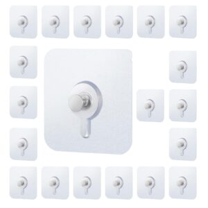 20 pack heavy duty drill free adhesive hooks for hanging, no-trace sticker wall frame picture hangers without nails, transparent stick on hooks with waterproof and oilproof for kitchen, bathroom