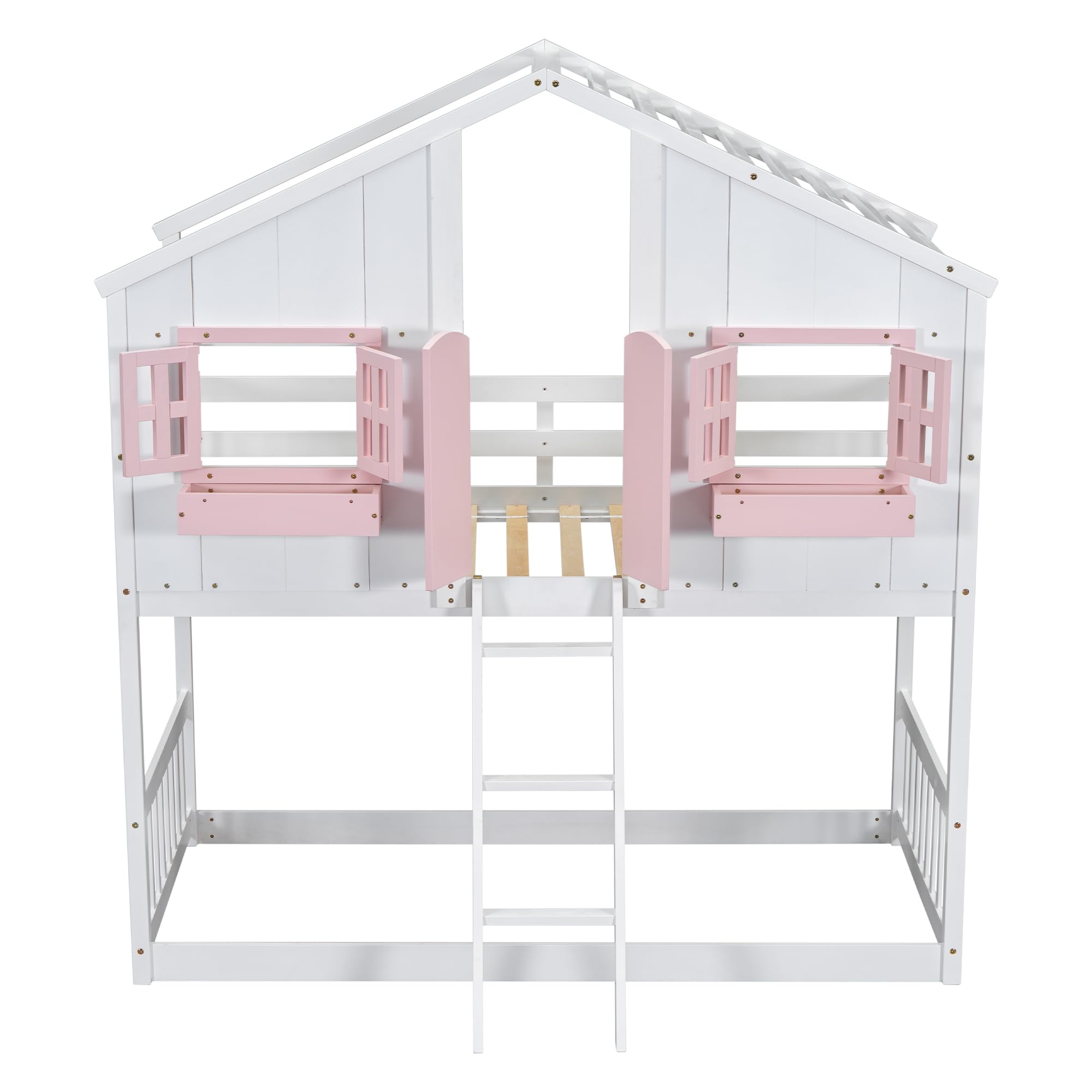 Harper & Bright Designs House Bunk Bed Twin Over Twin for Kids, Wood Bunk Beds with Roof, Windows, Window Box and Small Door, Floor Bunk Beds with Ladder and Guard Rails for Girls Boys,Pink