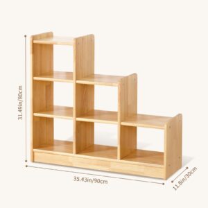 OOOK Rubber Wood 6 Cube Storage Organizer, Ladder Corner Shelf with Display Paltform, 3 Tier Kids Bookshelf and Toy Storage, Kids Furniture, Natural Solid Wood.