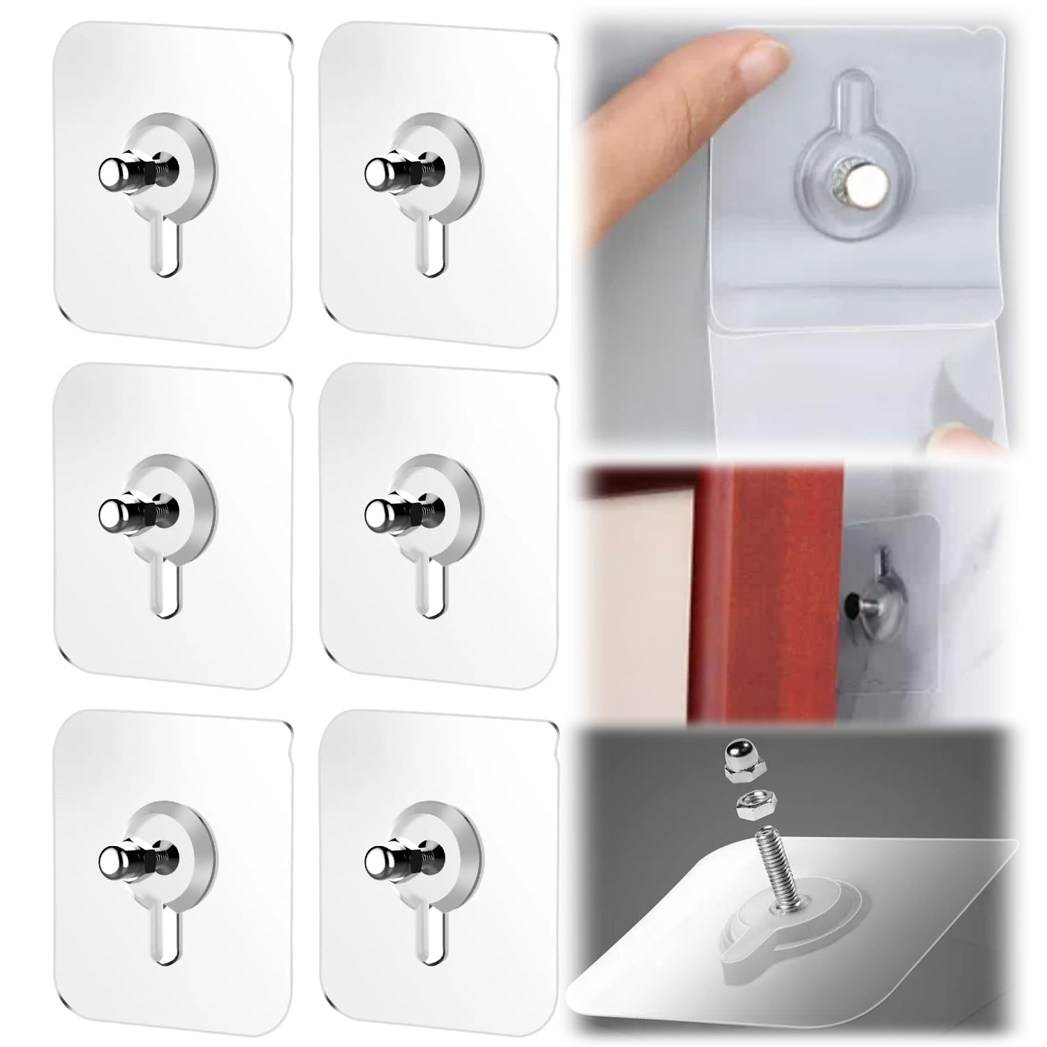 Drill Free Adhesive Hooks, 2024 Upgraded Adhesive Wall Mount Screw Hooks, Hang On Wall Without Nails, Command Hooks for Hanging Pictures for Home Kitchen (6, 2.36 * 2.36 in)