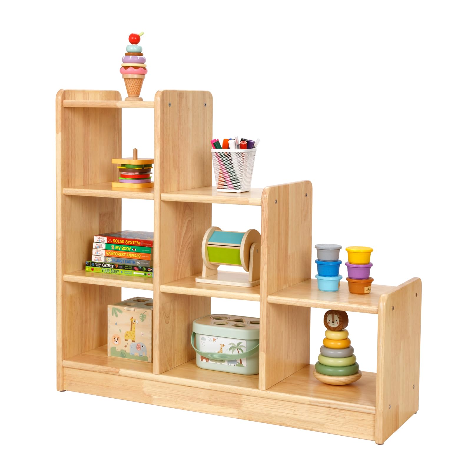 OOOK Rubber Wood 6 Cube Storage Organizer, Ladder Corner Shelf with Display Paltform, 3 Tier Kids Bookshelf and Toy Storage, Kids Furniture, Natural Solid Wood.