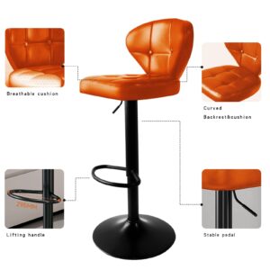 Modern Bar Stool Set of 2 Swivel Kitchen Stool Height Adjustable Padded Seat with Backrest Metal Frame Anti-Slip Base Ideal for Home Restaurant Bar (Orange)