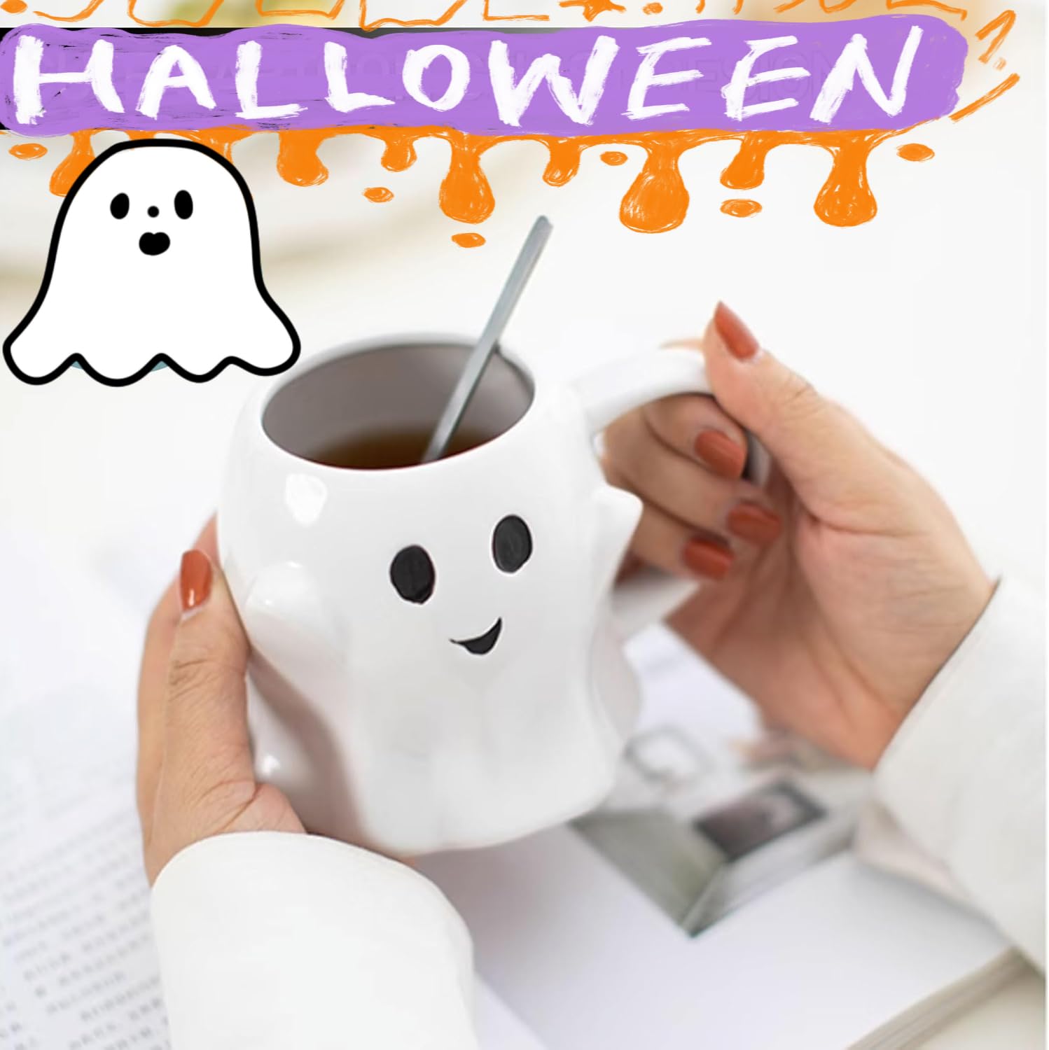 Halloween Mug Novelty Ghost Mug 3D Cute Ceramic Coffee Cup Perfect for Halloween Decor and Halloween Christmas Birthday White Elephant Gifts for Coffee Milk Tea Lover (White)