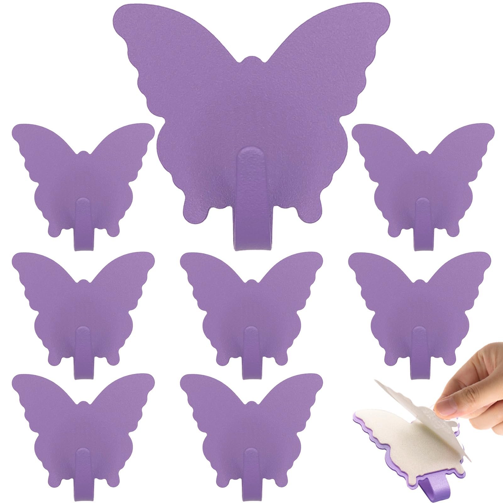 DueHoppee 8 Pack Adhesive Hooks,Cute Butterfly Sticky Hooks,Wall Decoration Hooks,Strong Stainless Steel Hooks to Organize Kitchen Office Bathroom Items, Key Hooks, Hat Hooks (Purple)