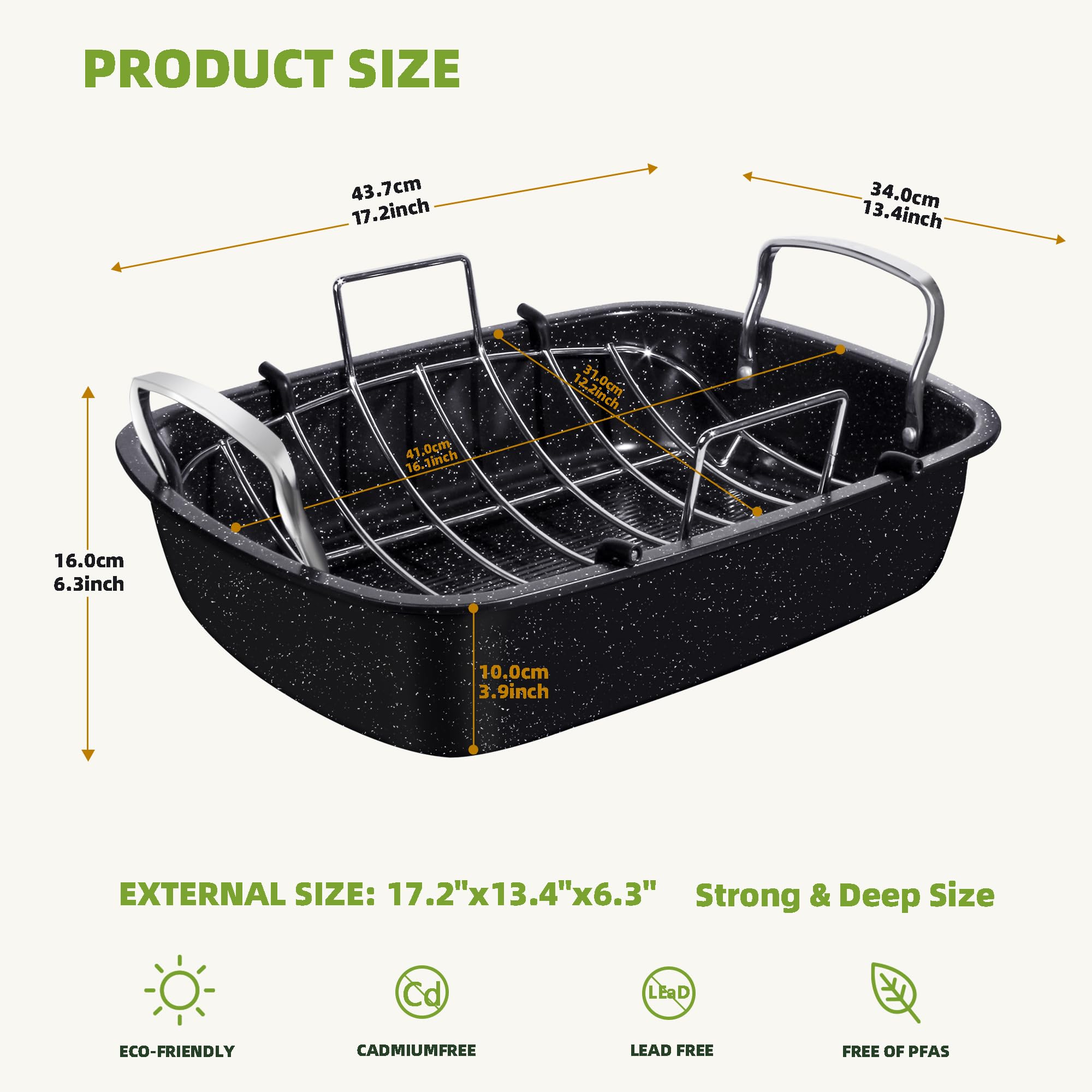 RavisingRidge Roasting Pan with Rack, 17 x 13 Inch Nonstick Turkey Roaster with Steel Handles – Ideal for Ovens, Lasagna, Meat & Vegetables, Perfect for Thanksgiving & Christmas (Black)