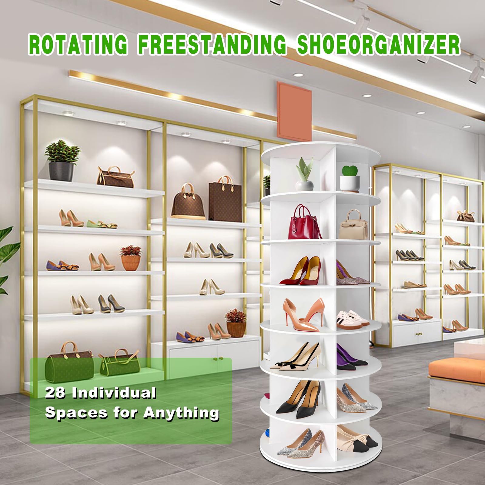 Rotating Shoe Rack,7 Tier Spinning Shoe Rack,Revolving 360° Shoe Rack,Lazy Susan Shoe Rack for Entryway,Shoe Carousel Fits 28 Pairs of Shoes,Handbag,Easily Assembled Vertical Shoe Tower