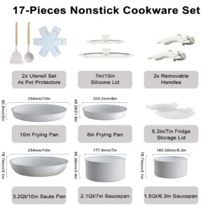 MDHAND Nonstick Cookware Sets, 17pcs Pots and Pans Set Non Stick, Non Toxic Kitchen Cooking Set with Removable Handles, Oven Safe, Induction Ready, Stackable Nonstick Set, PFAS/PFOA Free