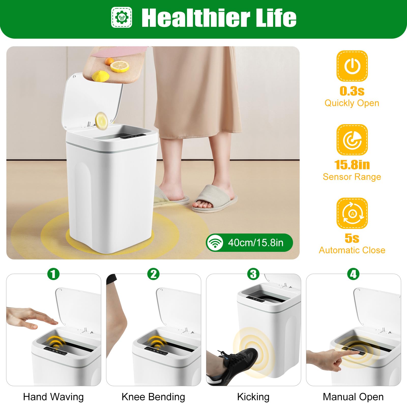 DADIANPU Bathroom Trash Can Touchless, 4.22 Gallon Motion Sensor Trash Can Smart Automatic Garbage Bathroom Touchless for Kitchen, Bedroom, Bathroom, Living Room