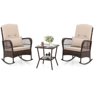 relax4life 3-piece rocking bistro set - rattan wicker rocking chairs w/2-tier coffee table, cushions & pillows, conversation rocker set for porch garden backyard, outdoor patio furniture (beige)