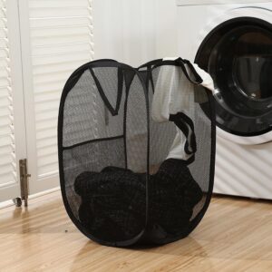 Clasoul pop up hamper with a handle, portable foldable laundry basket. The mesh laundry basket is breathable and moisture-proof, and the large capacity pop up laundry is suitable for home（black）