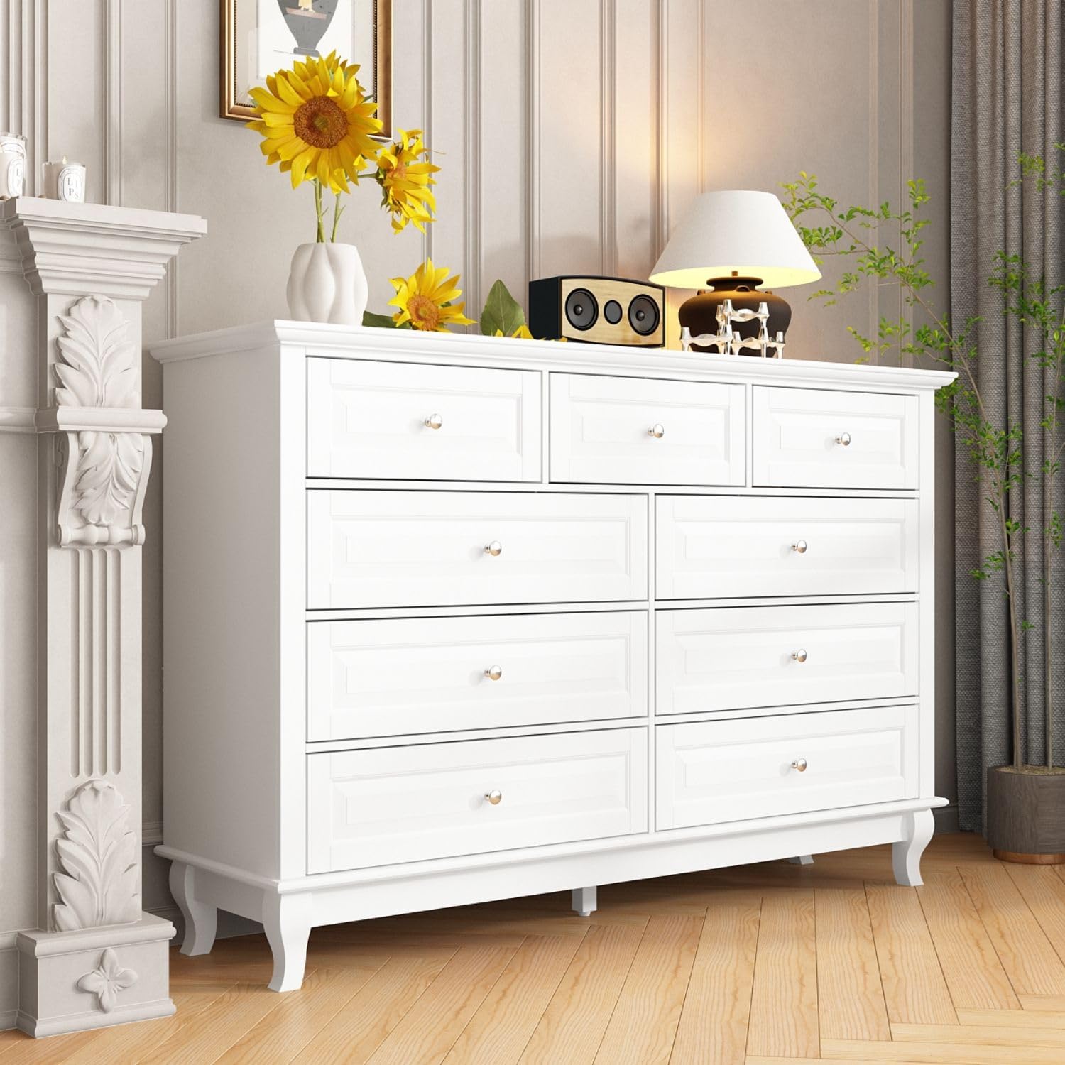 TAMUNE Chest of Drawers 9 Drawer Dresser for Bedroom, Modern White Dresser with Silver Knobs, Wide 9 Drawer Chest with Wood Legs for Bedroom Living Room, 15.7”D x 55.1”W x 37”H