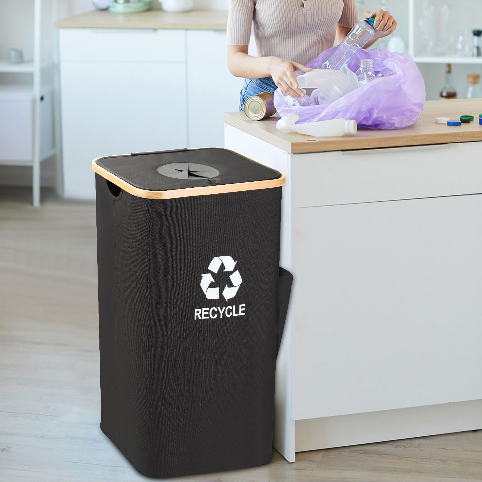 Recycling Bin Organizer for Home - 26 Gallon Recycle Bin for Kitchen with 2 Reusable Inner Bags - Indoor Recycling Bins with Lid for Bottles Cans Glass Plastic Cartons, Waterproof & Reusable (Black)