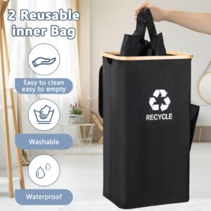 Recycling Bin Organizer for Home - 26 Gallon Recycle Bin for Kitchen with 2 Reusable Inner Bags - Indoor Recycling Bins with Lid for Bottles Cans Glass Plastic Cartons, Waterproof & Reusable (Black)