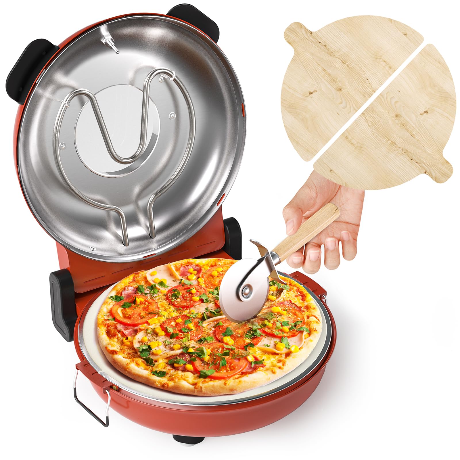 TMEDW Electric Pizza Oven, 12 inch Portable Pizza Oven Indoor, Countertop Pizza Maker with Wooden Pizza Paddles & Pizza Cutter