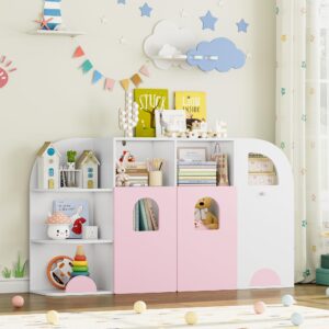 fotosok toy storage organizer with truck design, kids bookshelf with 12 storage cubbies and 2 door, toy organizers and storage for playroom, bedroom, school, nursery, pink and white