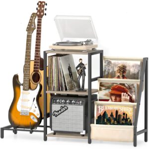 bikoney record player stand, guitar stand for acoustic, electric guitar, bass with amp stand, 3-tier vinyl record storage, record holder, record player table for living room bedroom white