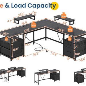 UPOSOJA 67in L Shaped Computer Desk with Power Outlets, 90.5in Long Home Office Desks with 2 Monitor Stands, 2PC Small Corner Table, Storage Cabinet Rack Drawers(Black)