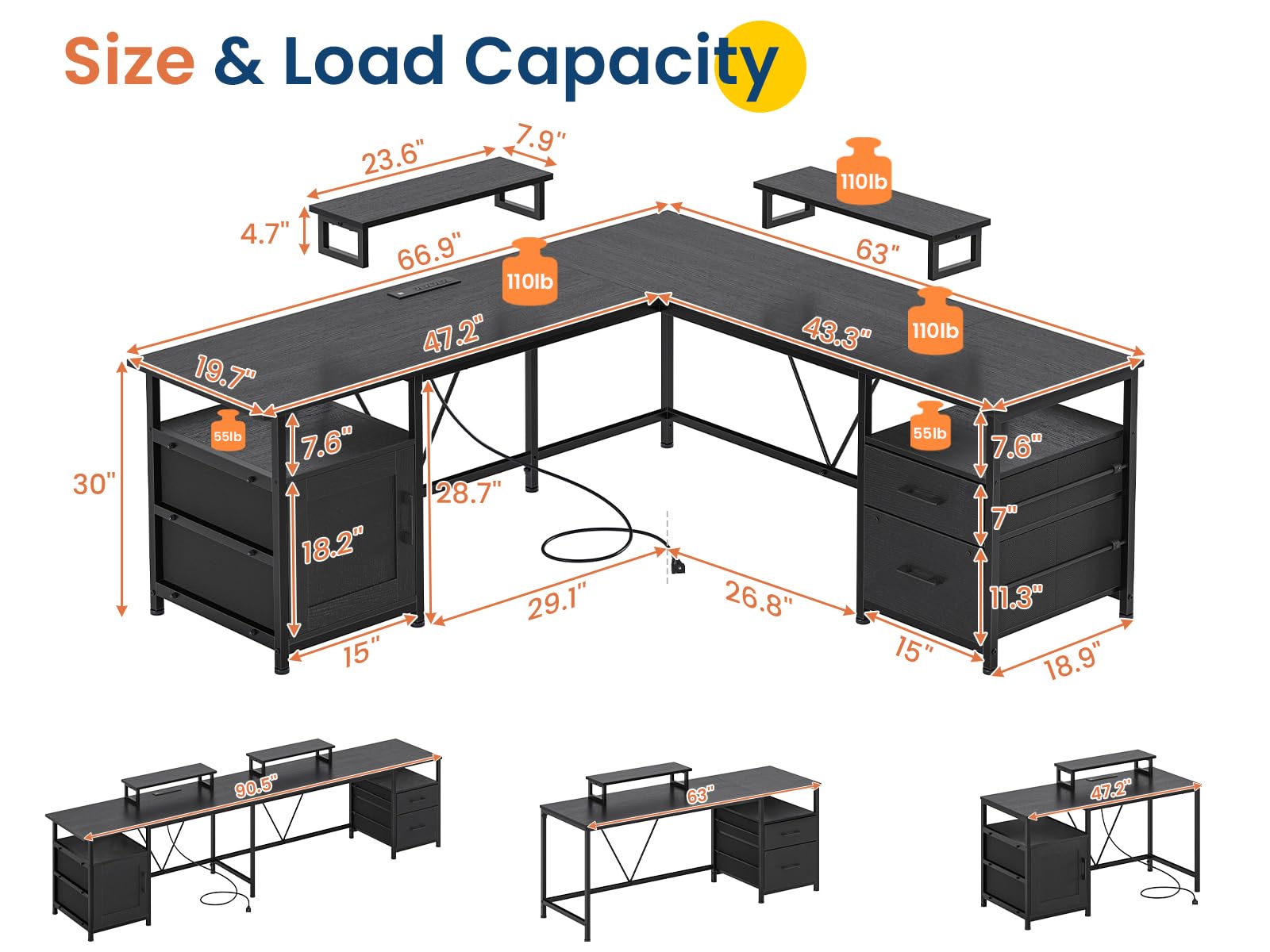 UPOSOJA 67in L Shaped Computer Desk with Power Outlets, 90.5in Long Home Office Desks with 2 Monitor Stands, 2PC Small Corner Table, Storage Cabinet Rack Drawers(Black)