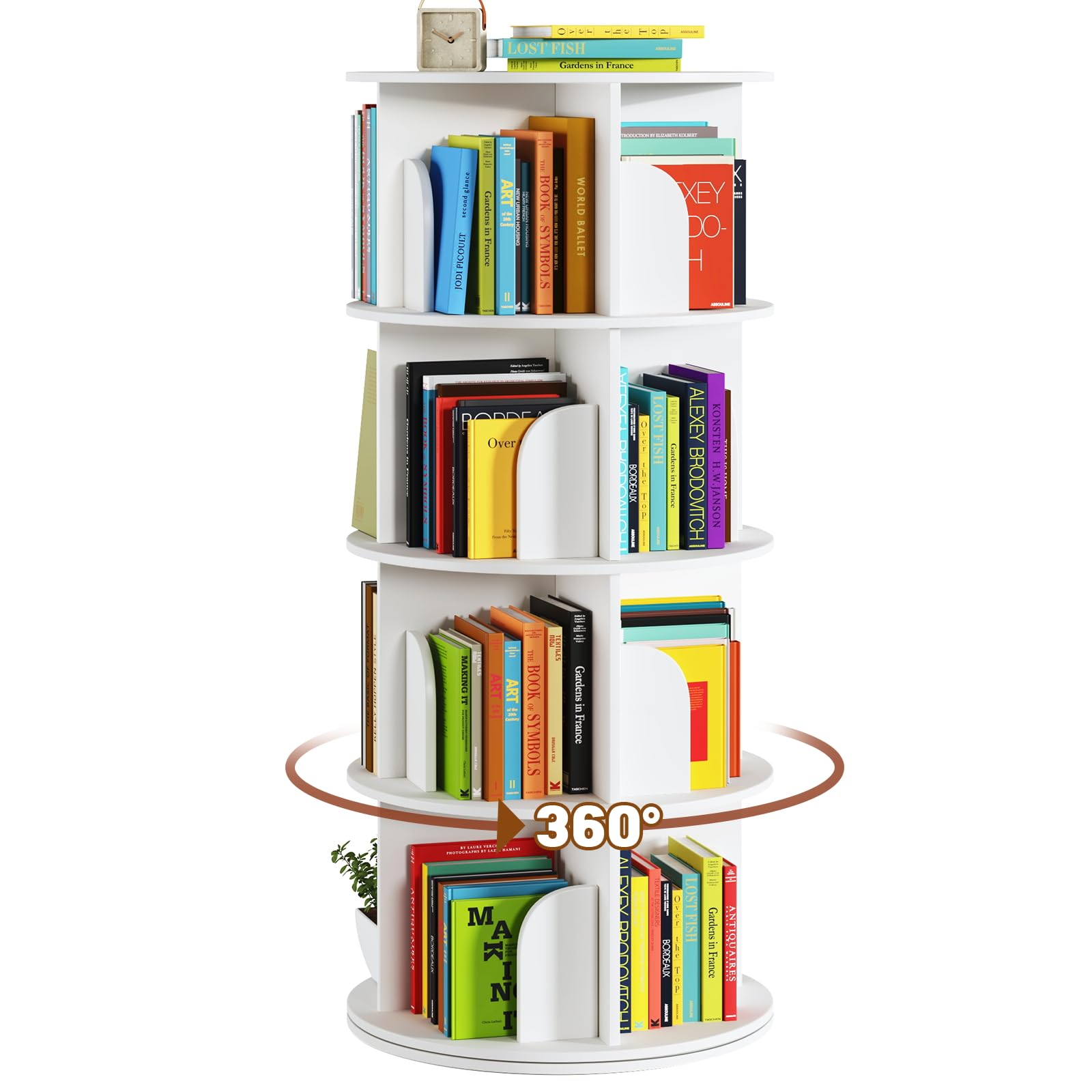 DAOTENGQL 4 Tier Rotating Bookshelf, 360 Spinning Corner Bookcase Tower, Floor Standing Book Shelf Organizer for Bedroom and Living Room, Round Bookshelf for Small Space, Easy to Assemble (White)