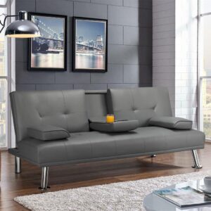 Futon Sofa Bed Modern Folding Couch for Small Space, Faux Leather Convertible Loveseat Sleeper Bed Daybed Recliner Lounge Sofas for Living Room,2 Cup Holders,Metal Legs,Removable Armrests (Gray)