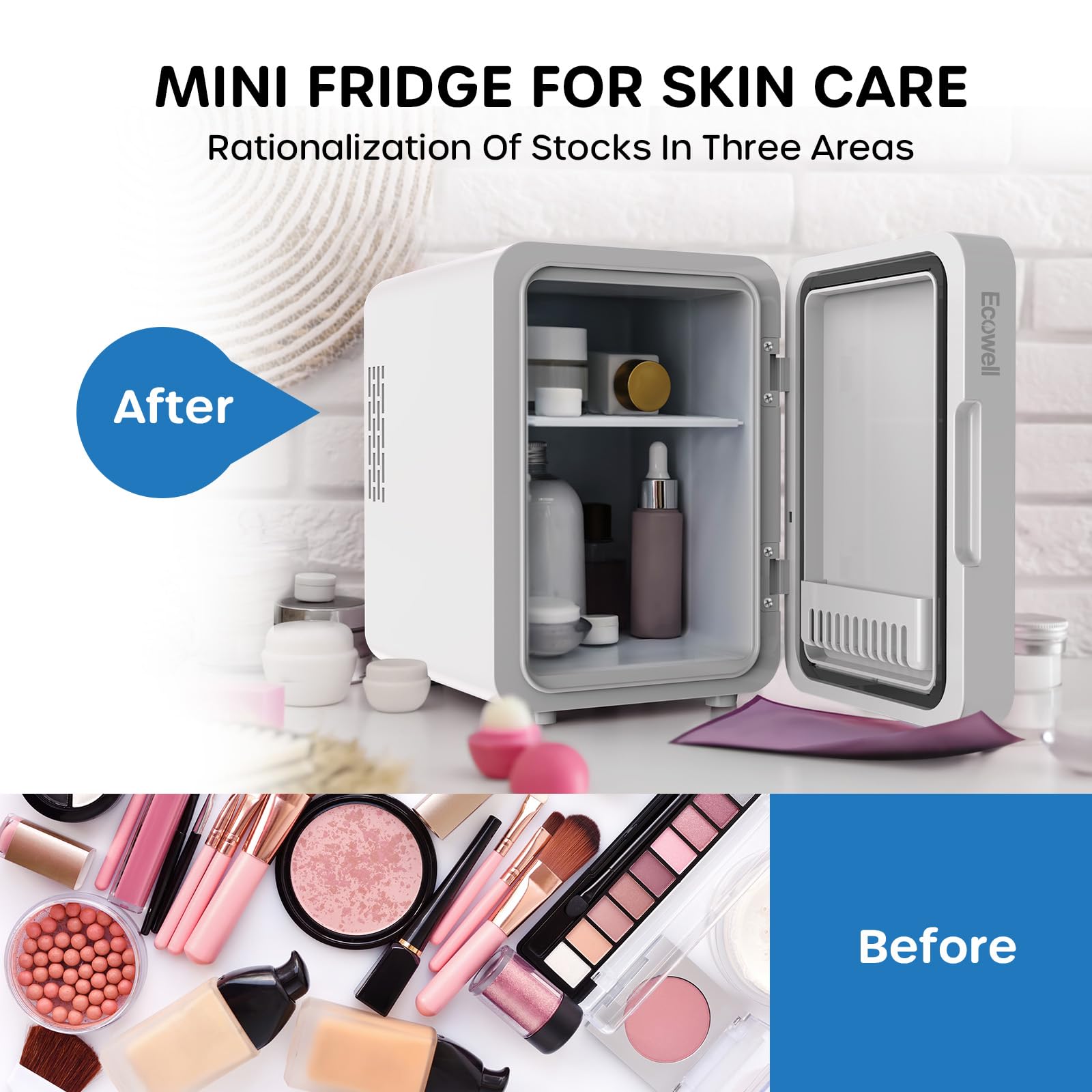 ECOWELL Mini Skincare Fridge with LED Mirror, 4L/6Can Skin Care Fridge for Makeup Cosmetic Beauty, Small Refrigerator for Bedroom Office Dorm Car, Cooler & Warmer, White