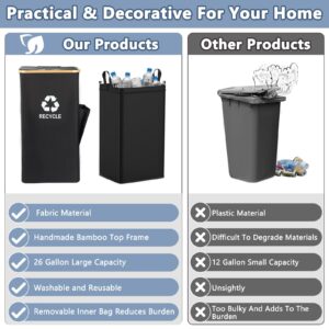 Recycling Bin Organizer for Home - 26 Gallon Recycle Bin for Kitchen with 2 Reusable Inner Bags - Indoor Recycling Bins with Lid for Bottles Cans Glass Plastic Cartons, Waterproof & Reusable (Black)