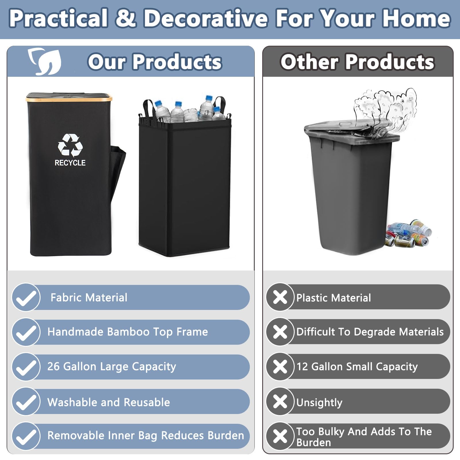 Recycling Bin Organizer for Home - 26 Gallon Recycle Bin for Kitchen with 2 Reusable Inner Bags - Indoor Recycling Bins with Lid for Bottles Cans Glass Plastic Cartons, Waterproof & Reusable (Black)