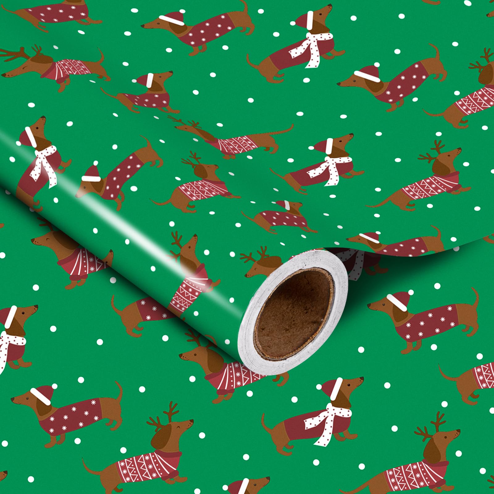 LeZakaa Christmas Green Wrapping Paper Roll - Dachshund Dressed in Festive customes, White Dots Xmas Green Design for Christmas, Holiday Party Gift Wrap - 17 inches x 16.4 Feet (23.2 sq.ft.)