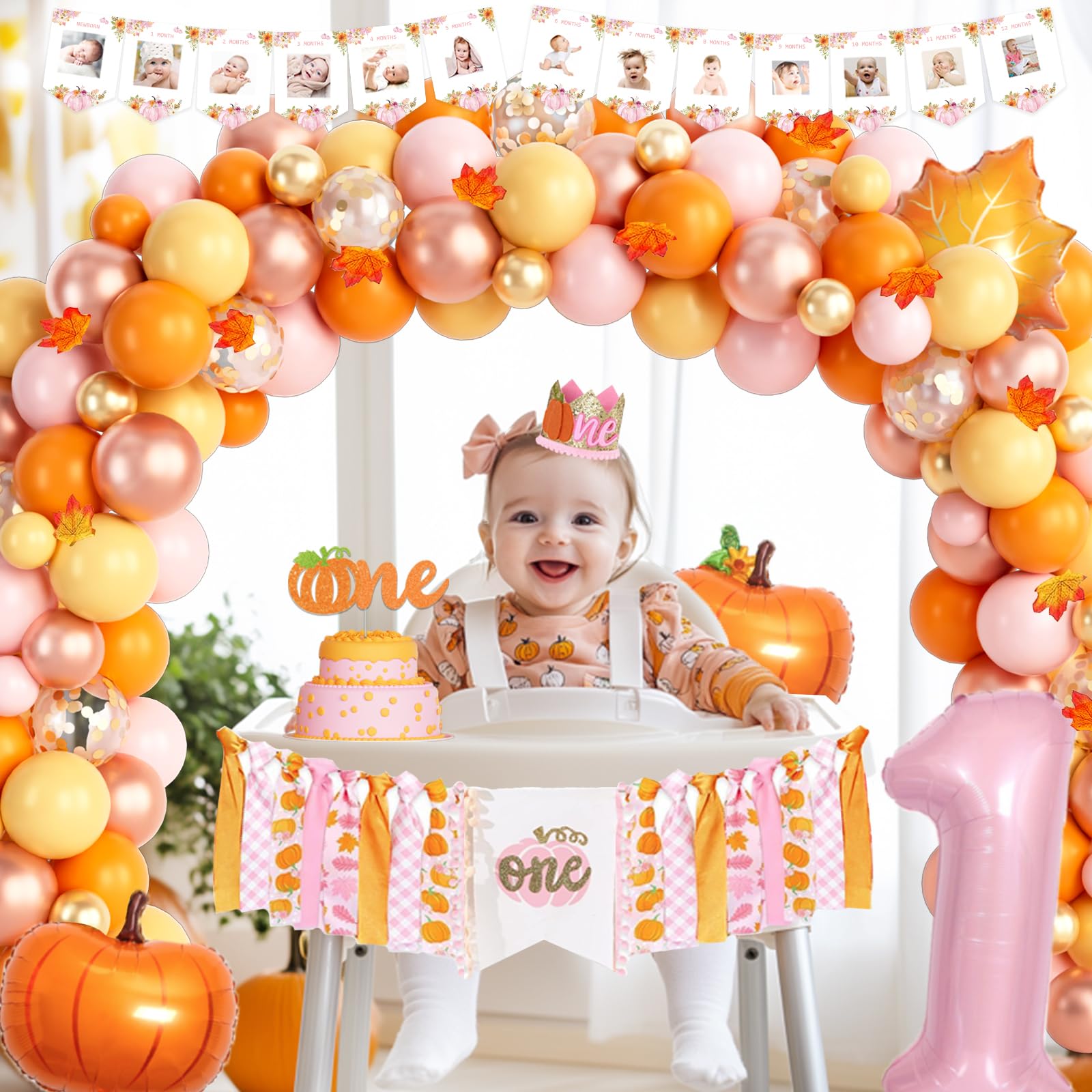 Fiesec Little Pumpkin 1st Birthday Decorations, Thanksgiving Fall First Birthday Party Decorations for Girls, Our Little Pumpkin is Turning One Decor Banner Balloon Cake Cupcake Topper Crown Poster