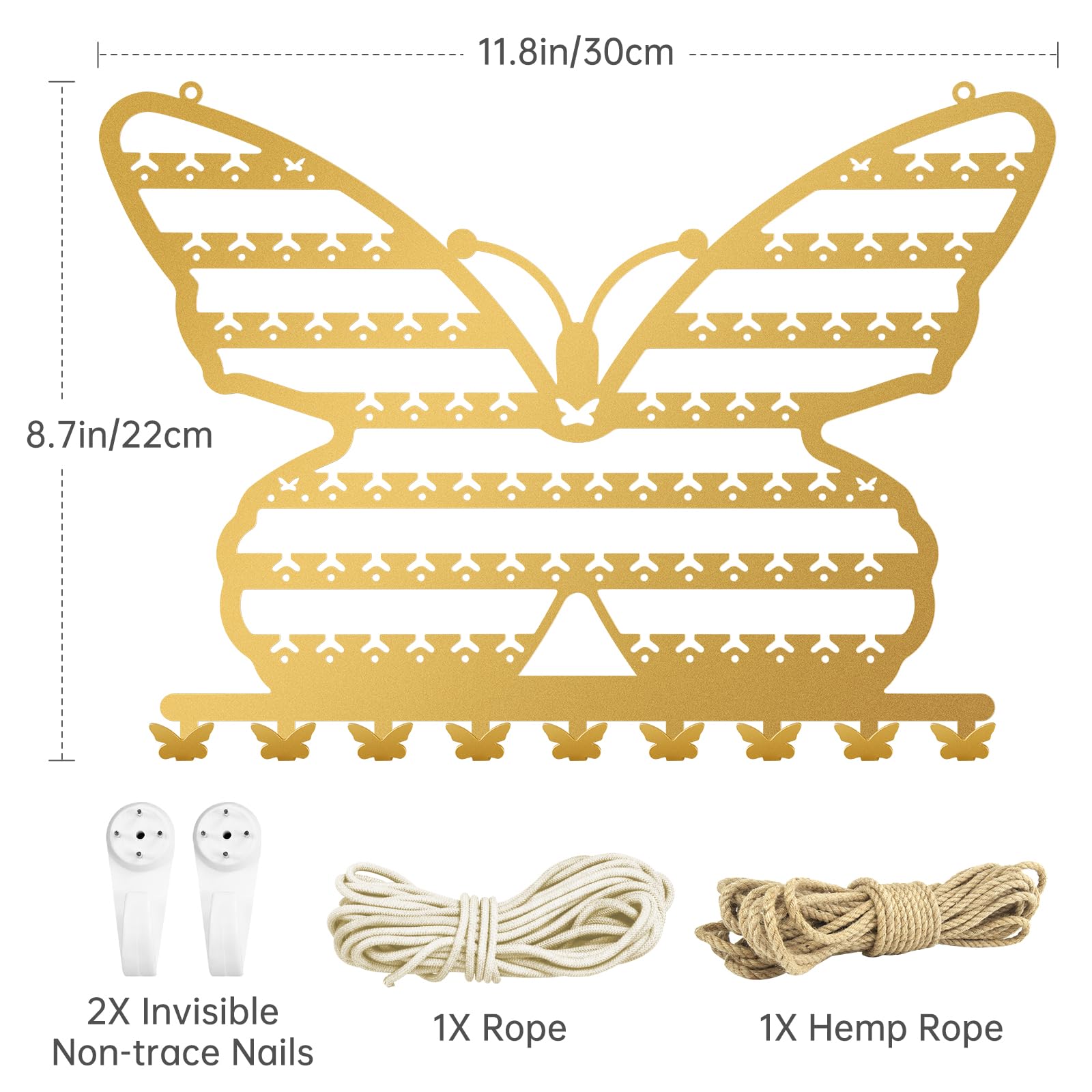 NiHome Butterfly Wall Mounted Jewelry Organizer, Decorative Metal Earring and Necklace Holder for Bedroom, Vanity, or Closet, Stylish Organizer with Easy Hanging for Fashion Lovers (Gold)