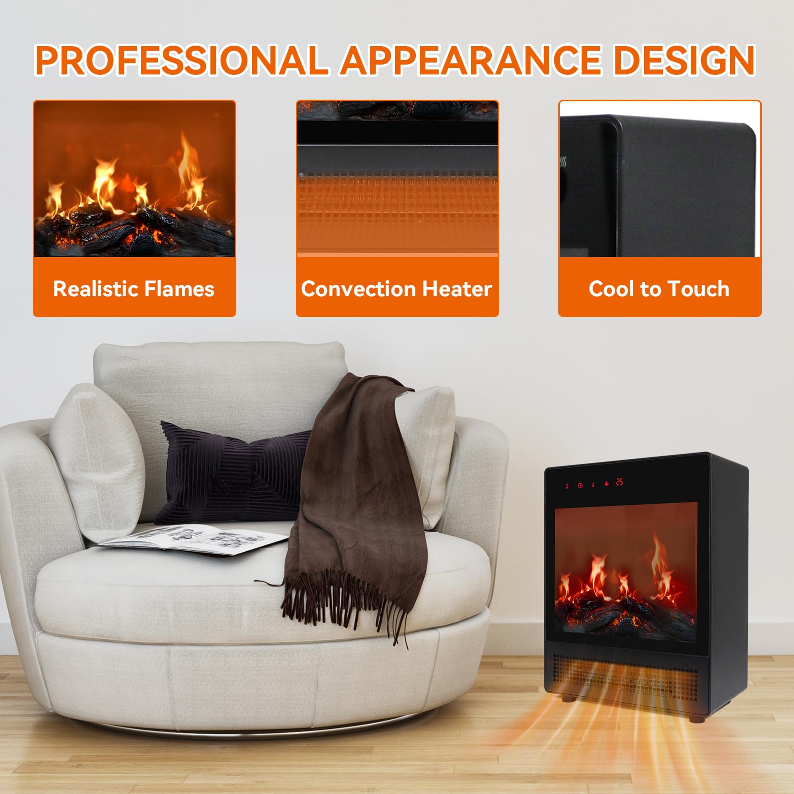 Electric Fireplace Heaters for Indoor Use, 750W/1500W Space Heater Fireplace with LED Realistic Flame & Remote, Portable Fireplace Heater for Home Office