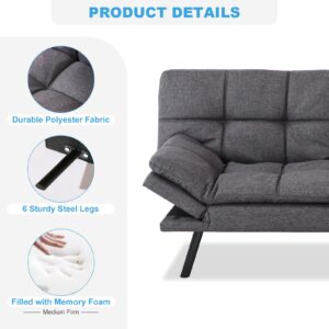 MUUEGM Convertible Futon Couch, High Density Memory Foam Futon Sofa, Ajustable Backrest Armrest Folding Futon for Living Room, Small Place, Apartment, Loveseat Daybed for Sleeper, Fabric Dark Gray