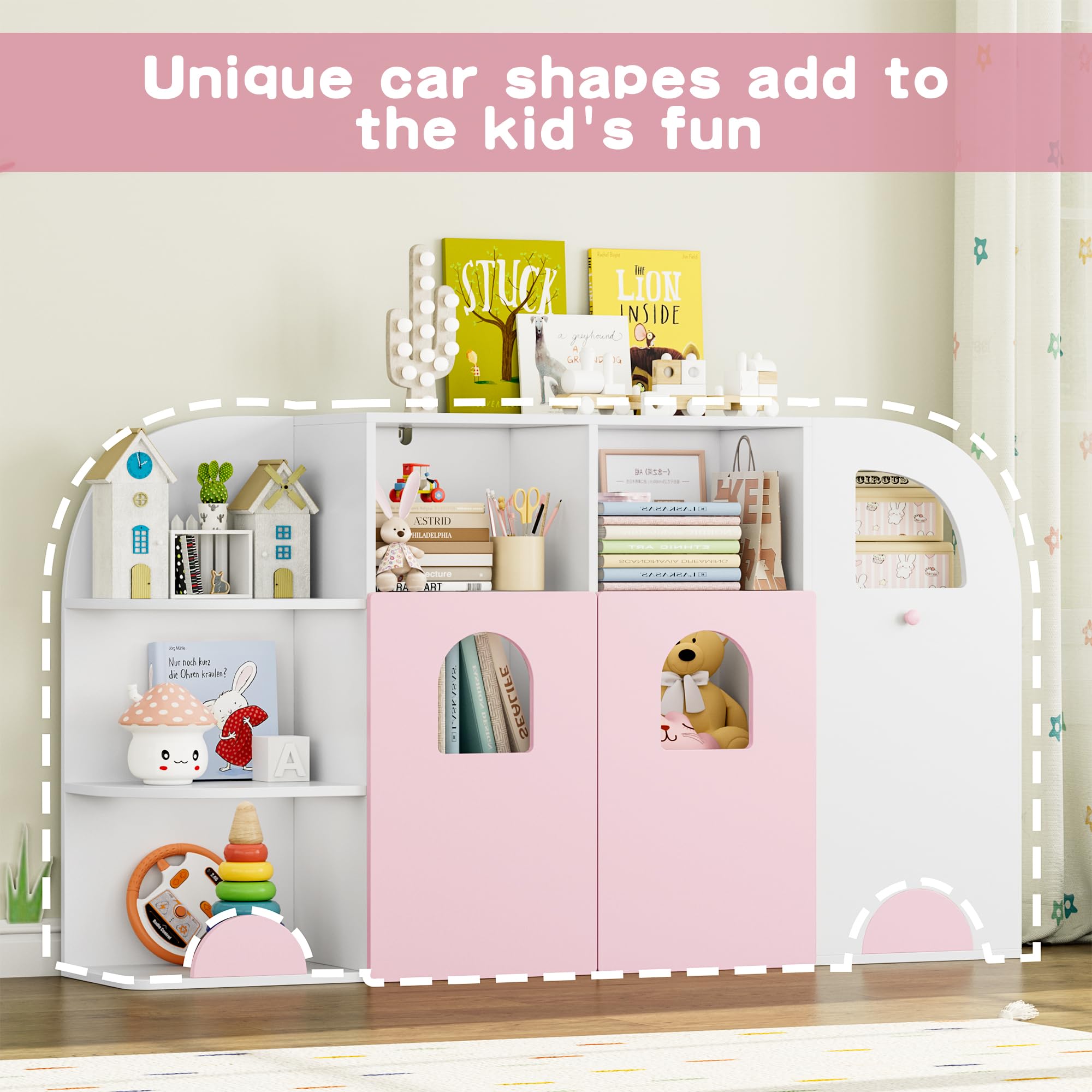 FOTOSOK Toy Storage Organizer with Truck Design, Kids Bookshelf with 12 Storage Cubbies and 2 Door, Toy Organizers and Storage for Playroom, Bedroom, School, Nursery, Pink and White