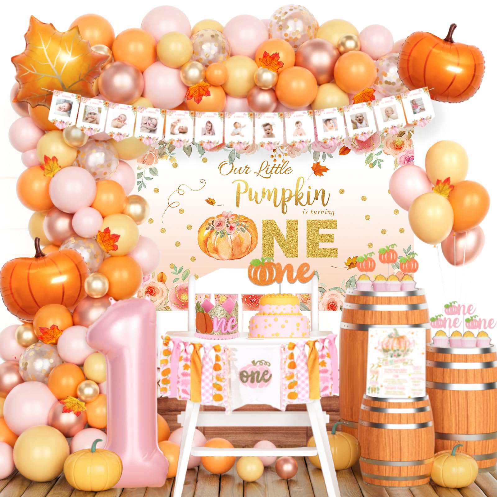 Fiesec Little Pumpkin 1st Birthday Decorations, Thanksgiving Fall First Birthday Party Decorations for Girls, Our Little Pumpkin is Turning One Decor Banner Balloon Cake Cupcake Topper Crown Poster