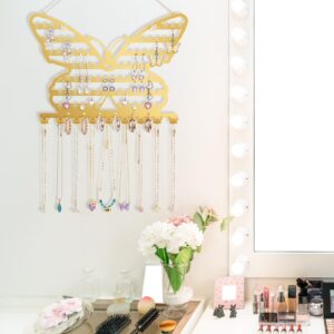 NiHome Butterfly Wall Mounted Jewelry Organizer, Decorative Metal Earring and Necklace Holder for Bedroom, Vanity, or Closet, Stylish Organizer with Easy Hanging for Fashion Lovers (Gold)