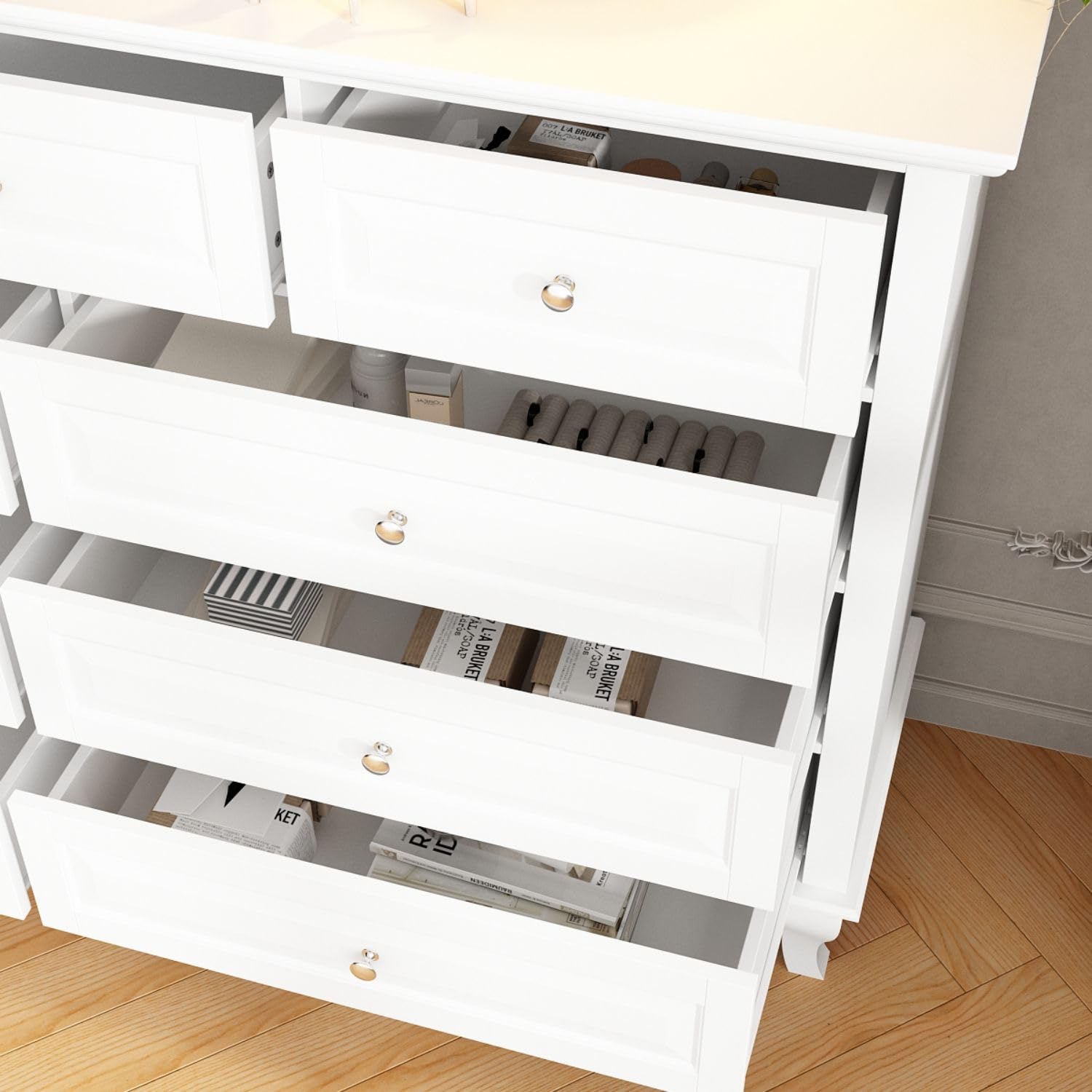 TAMUNE Chest of Drawers 9 Drawer Dresser for Bedroom, Modern White Dresser with Silver Knobs, Wide 9 Drawer Chest with Wood Legs for Bedroom Living Room, 15.7”D x 55.1”W x 37”H