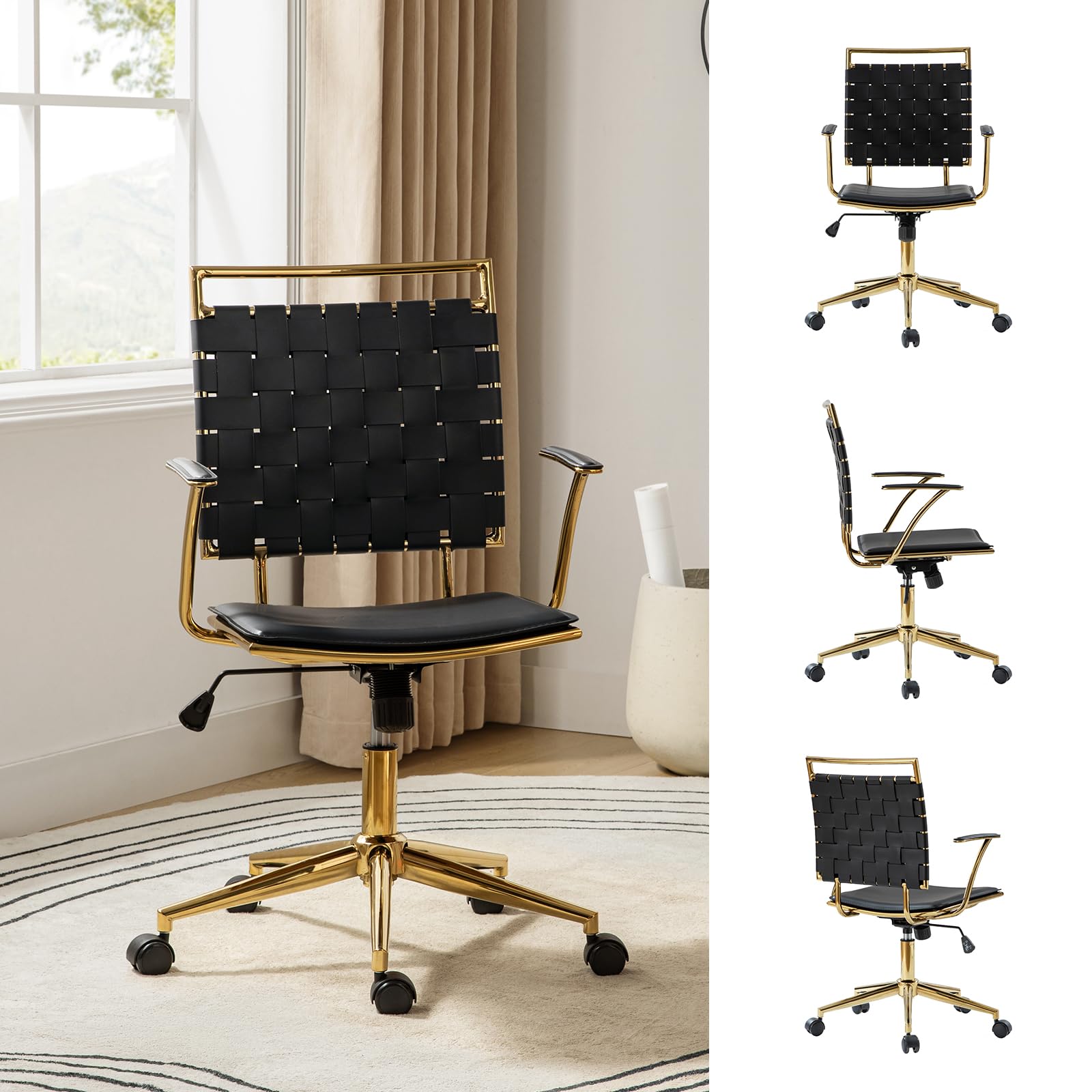 HULALA HOME Faux Leather Woven Office Desk Chair, Adjustable Swivel Task Chair with Padded Arms and Golden Legs, Modern Rattan Upholstered Computer Chair, Black