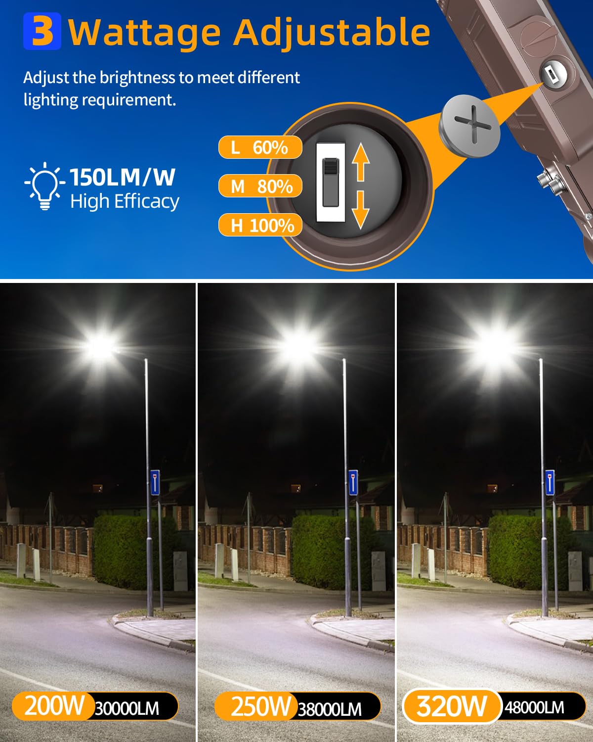 4PCS LED Parking Lot Lights 320W 250W 200W Adjustable, LED Shoebox Light 5700K 5000K 4500K, UL Listed Outdoor Pole Light with Photocell, IP65 Commercial Street Area Lighting 100-277V (Slip Fit)