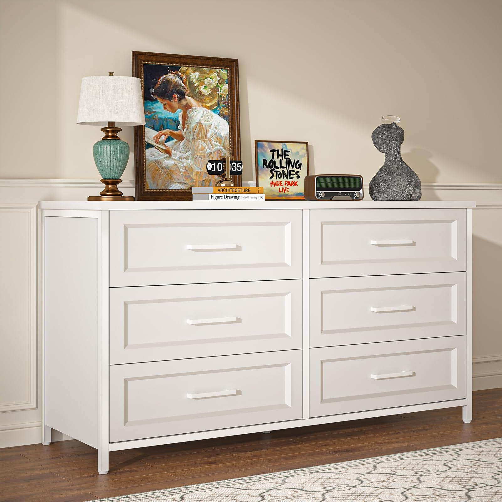 TVU 6 Drawer Double Dresser for Bedroom, Wood Storage Dresser Clothes Organizer with Sturdy Steel Frame (White)