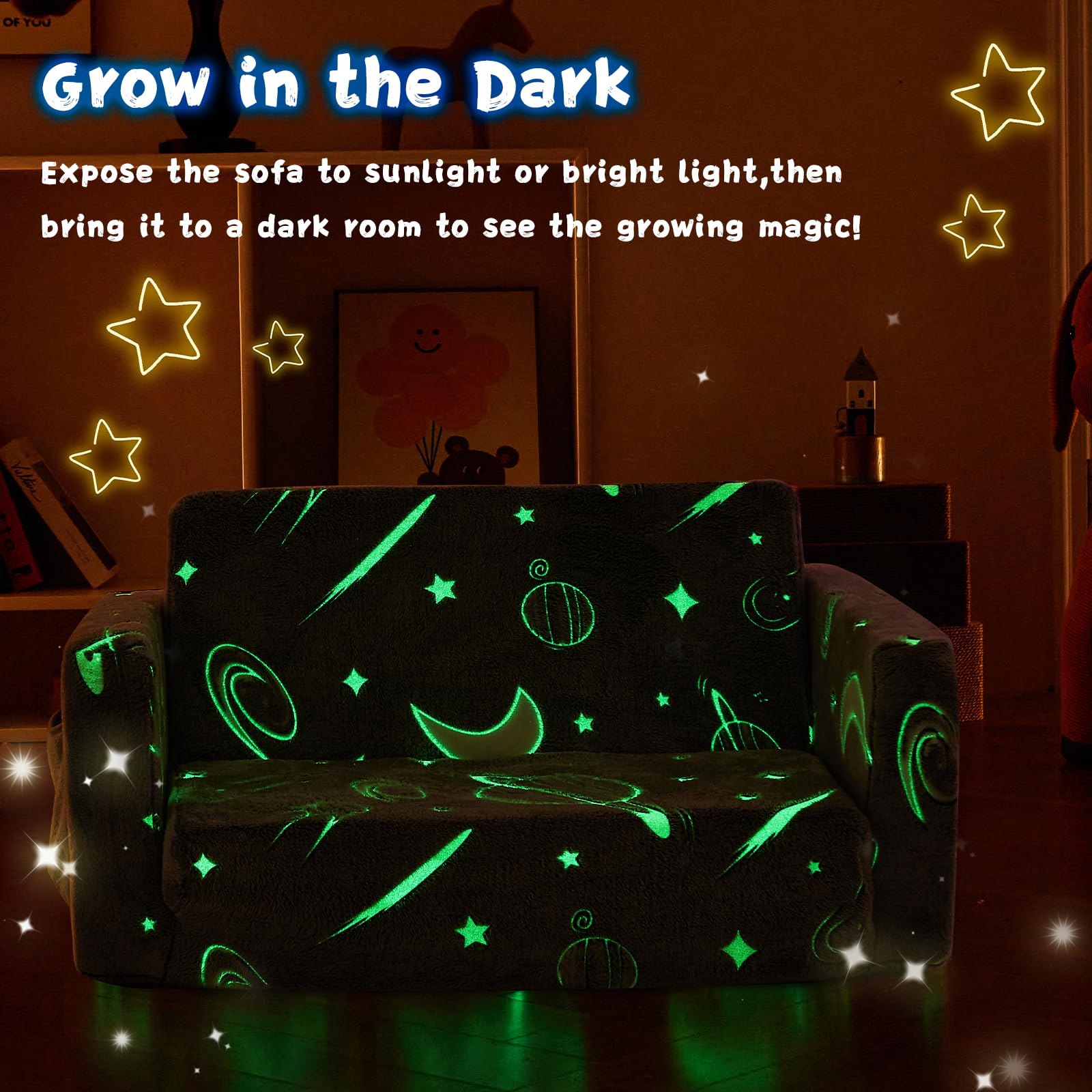 Toddler Chair Comfy,Toddler Couch,Extra Wider Seating,Glow in The Dark Kids Sofa Chair Space Moon Galaxy Soft Sofa Bed Gaming Room Decor Stuff Christmas for Kids Girl Boys