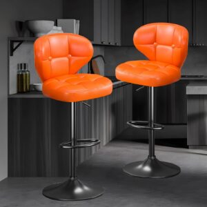 Modern Bar Stool Set of 2 Swivel Kitchen Stool Height Adjustable Padded Seat with Backrest Metal Frame Anti-Slip Base Ideal for Home Restaurant Bar (Orange)