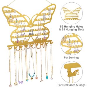 NiHome Butterfly Wall Mounted Jewelry Organizer, Decorative Metal Earring and Necklace Holder for Bedroom, Vanity, or Closet, Stylish Organizer with Easy Hanging for Fashion Lovers (Gold)