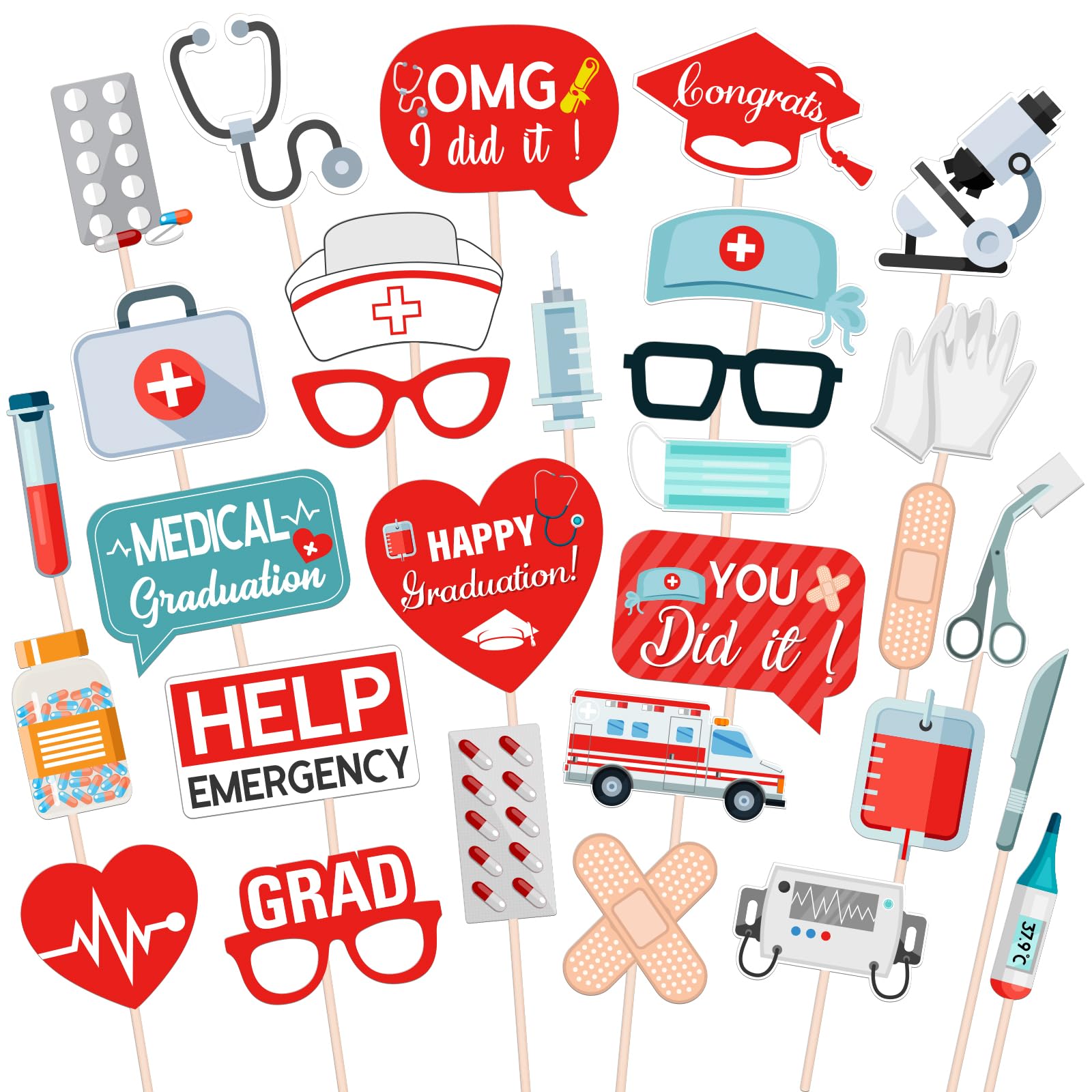 Maicaiffe Medical Graduation Party Photo Booth Props - 30 Pcs Congrats Doctor Nurse Selfie Props Favors Supplies - Nursing School Graduation Party Centerpiece Sticks - RN Graduation Party Decorations